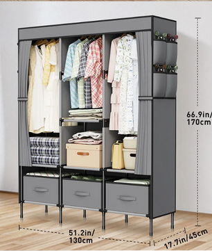 Opvouwbare Canvas Garderobekast – Stoffen Kledingkast met Planken en Kledingroede 130×45×170 cm