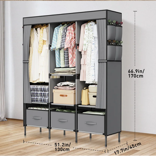 Opvouwbare Canvas Garderobekast – Stoffen Kledingkast met Planken en Kledingroede 130×45×170 cm
