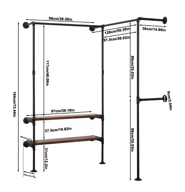 Wandgarderobe met Planken – Industrieel Kledingrek van Metaal en Hout 130×187×130 cm