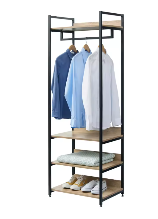 Kledingrek met 3 Planken – Industriële Garderobekast van Hout en Metaal 56×36×170 cm