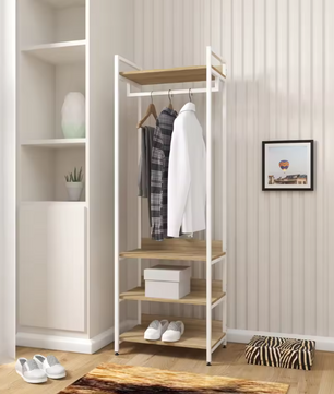 Kledingrek met 3 Planken – Industriële Garderobekast van Hout en Metaal 56×36×170 cm