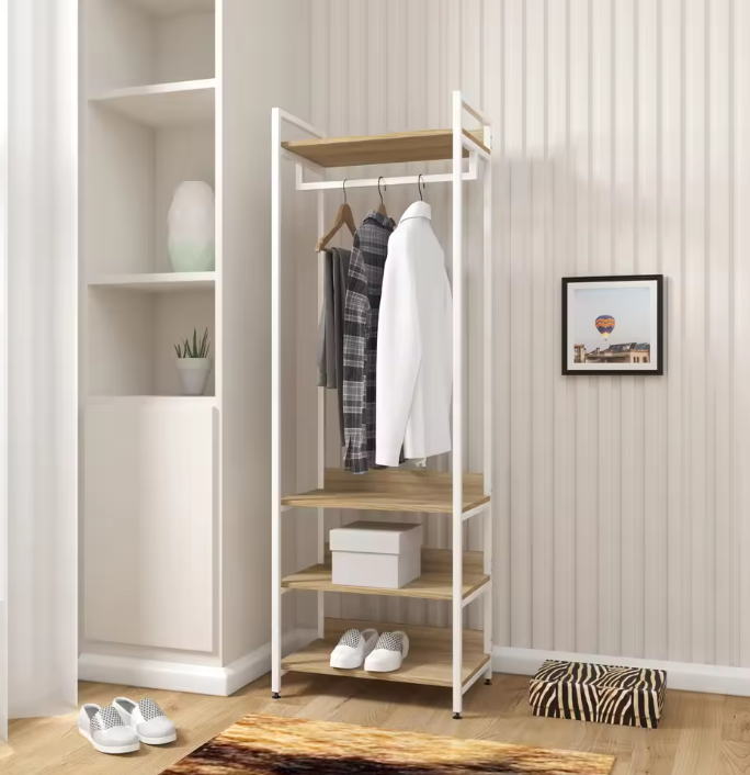 Kledingrek met 3 Planken – Industriële Garderobekast van Hout en Metaal 56×36×170 cm