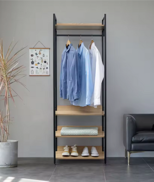 Kledingrek met 3 Planken – Industriële Garderobekast van Hout en Metaal 56×36×170 cm