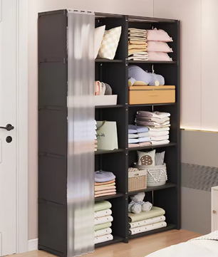 Stoffen Garderobekast met Stalen Frame – Ruime Opbergkast met Planken