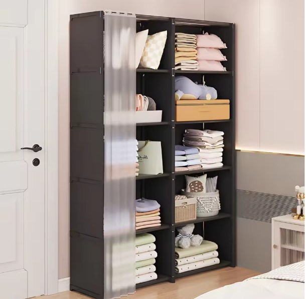 Stoffen Garderobekast met Stalen Frame – Ruime Opbergkast met Planken