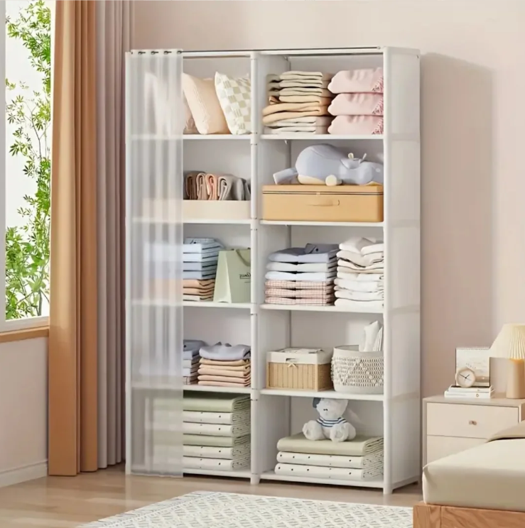 Stoffen Garderobekast met Stalen Frame – Ruime Opbergkast met Planken