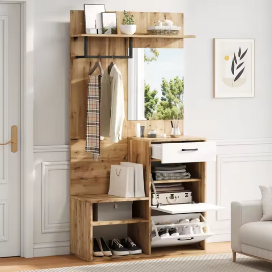 Halmeubel met Spiegel en Schoenkast – Complete Garderobeset 100×38,5×190 cm