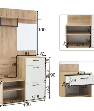 Halmeubel met Spiegel en Schoenkast – Complete Garderobeset 100×38,5×190 cm
