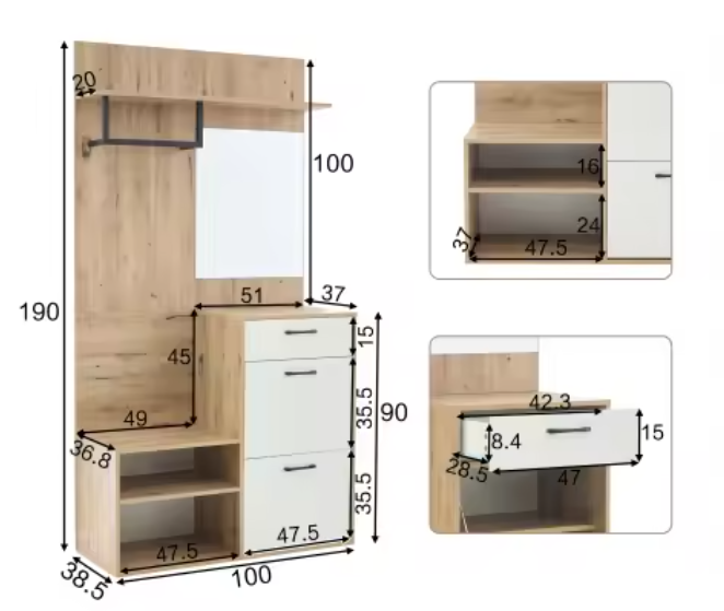 Halmeubel met Spiegel en Schoenkast – Complete Garderobeset 100×38,5×190 cm