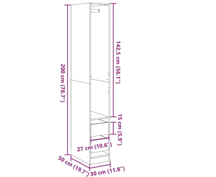 Smalle Garderobekast in Eikenlook – Houten Opbergkast 30×50×200 cm