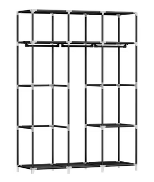 Hoge Vrijstaande Kledingkast met 3 Roedes en 9 Vakken – Stoffen Planken, Metalen Frame, 130 cm