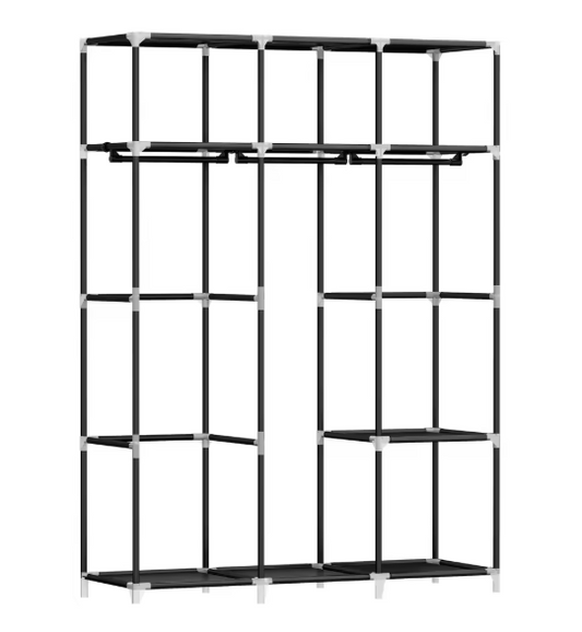 Hoge Vrijstaande Kledingkast met 3 Roedes en 9 Vakken – Stoffen Planken, Metalen Frame, 130 cm