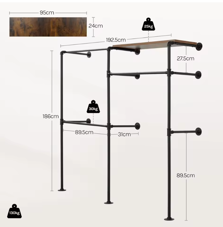 Industriële Wandkast Open Kledingrek – Met Planken en Roedes, 186 cm