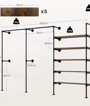Industriële Wandkast Open Kledingrek – Met Planken en Roedes, 186 cm