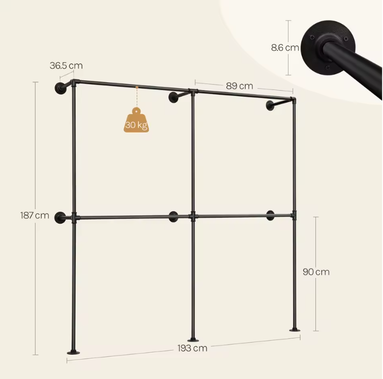 Industriële Wandkast Open Kledingrek – Met Planken en Roedes, 186 cm