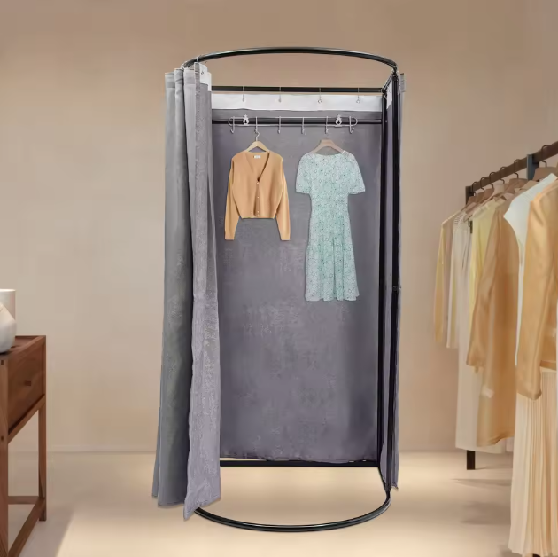 Vrijstaande Paskamer met Gordijn en Kledingrek – 100×95×200 cm, Grijs