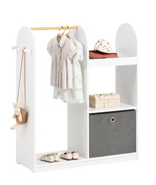 Kinderkledingkast met 3 Haken en Stoffen Lade – 97×108×35 cm, Wit