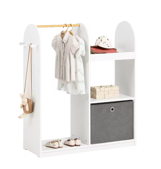 Kinderkledingkast met 3 Haken en Stoffen Lade – 97×108×35 cm, Wit