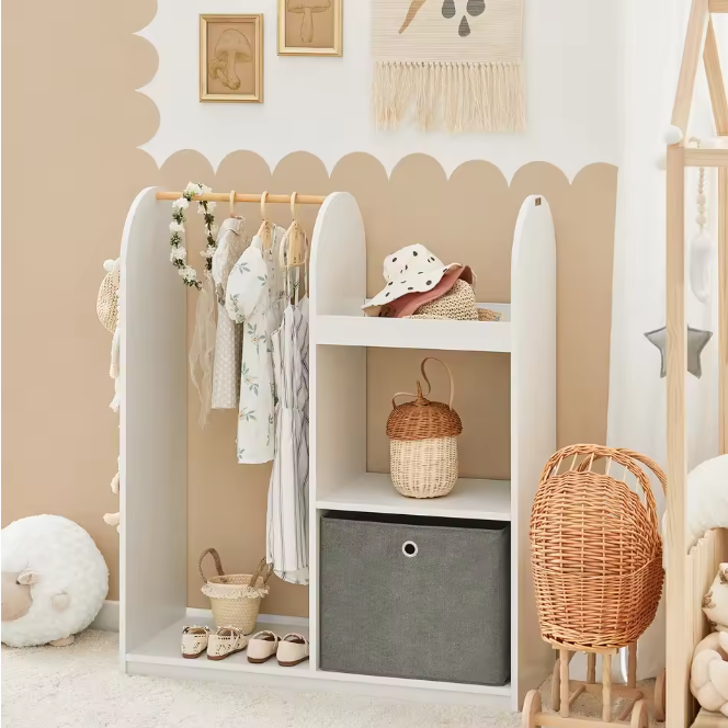 Kinderkledingkast met 3 Haken en Stoffen Lade – 97×108×35 cm, Wit