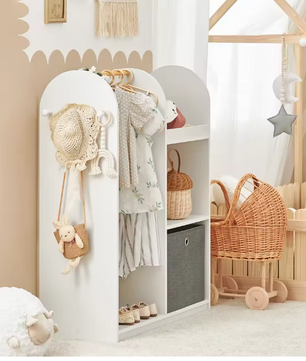 Kinderkledingkast met 3 Haken en Stoffen Lade – 97×108×35 cm, Wit