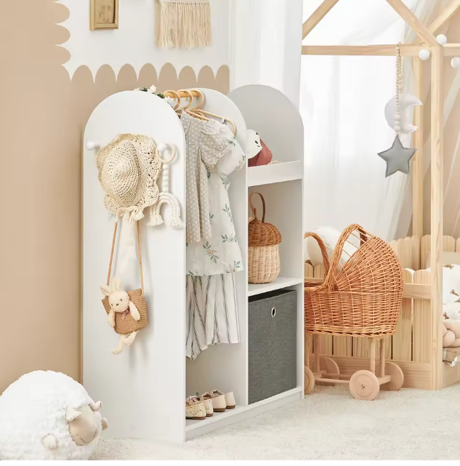 Kinderkledingkast met 3 Haken en Stoffen Lade – 97×108×35 cm, Wit
