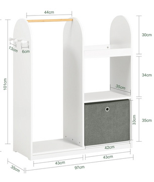 Kinderkledingkast met 3 Haken en Stoffen Lade – 97×108×35 cm, Wit