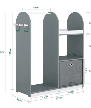 Kinderkledingkast met 3 Haken en Stoffen Lade – 97×108×35 cm, Wit
