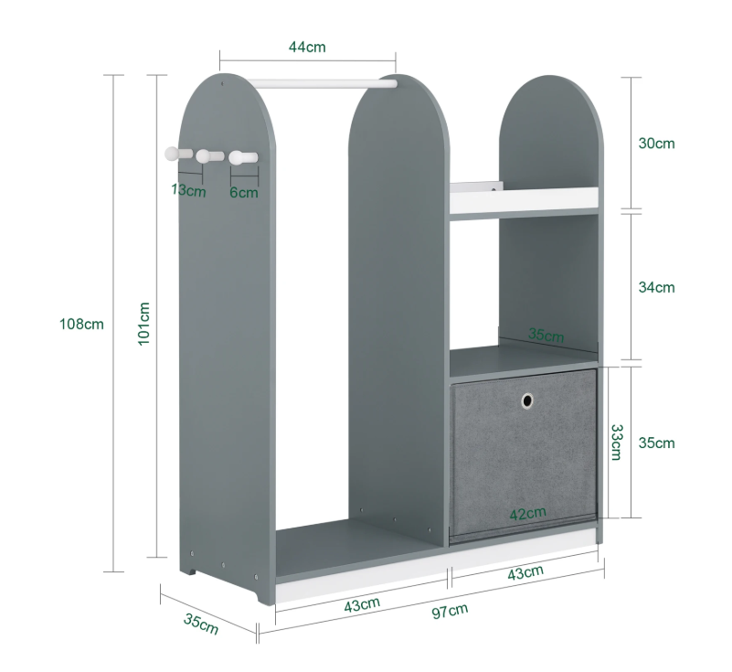 Kinderkledingkast met 3 Haken en Stoffen Lade – 97×108×35 cm, Wit