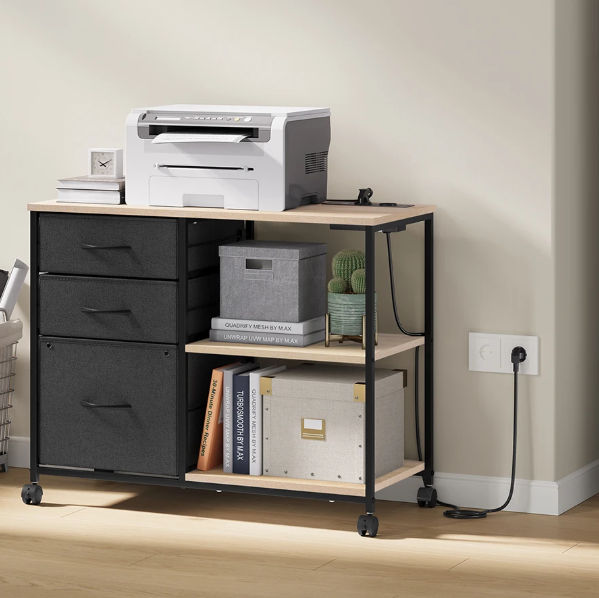 Verrijdbare Archiefkast met USB-laadstation – 80 cm, Eikenhout en Metaal