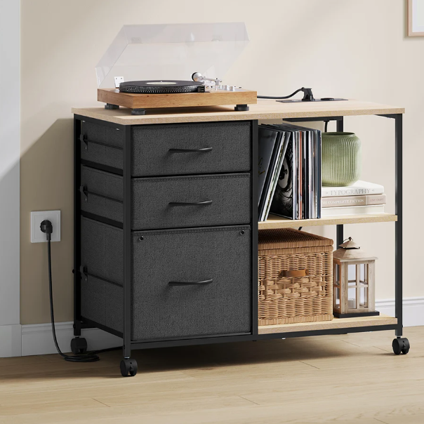 Verrijdbare Archiefkast met USB-laadstation – 80 cm, Eikenhout en Metaal