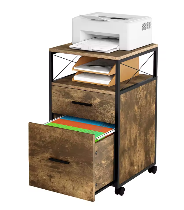 Verrijdbare Dossierkast met 2 Lades – 69 cm, Licht Eiken en Metaal