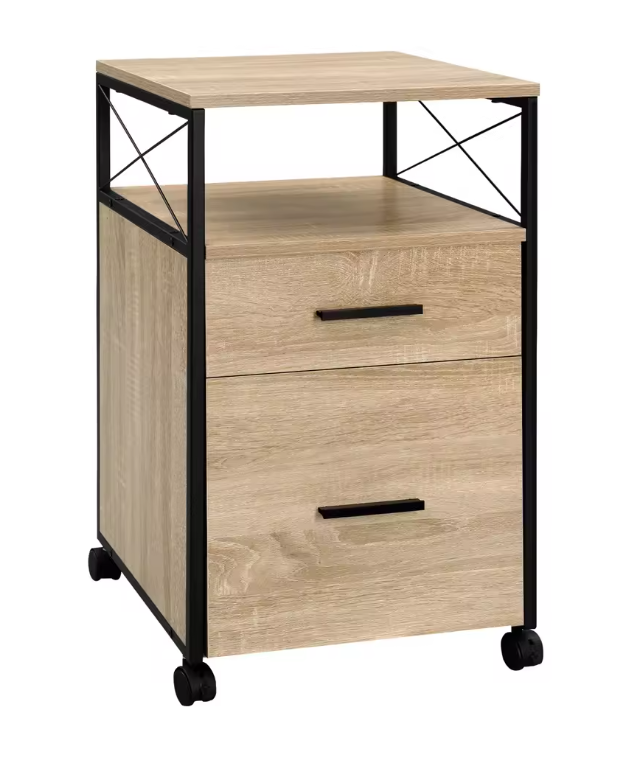 Verrijdbare Dossierkast met 2 Lades – 69 cm, Licht Eiken en Metaal