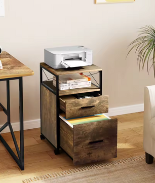 Verrijdbare Dossierkast met 2 Lades – 69 cm, Licht Eiken en Metaal