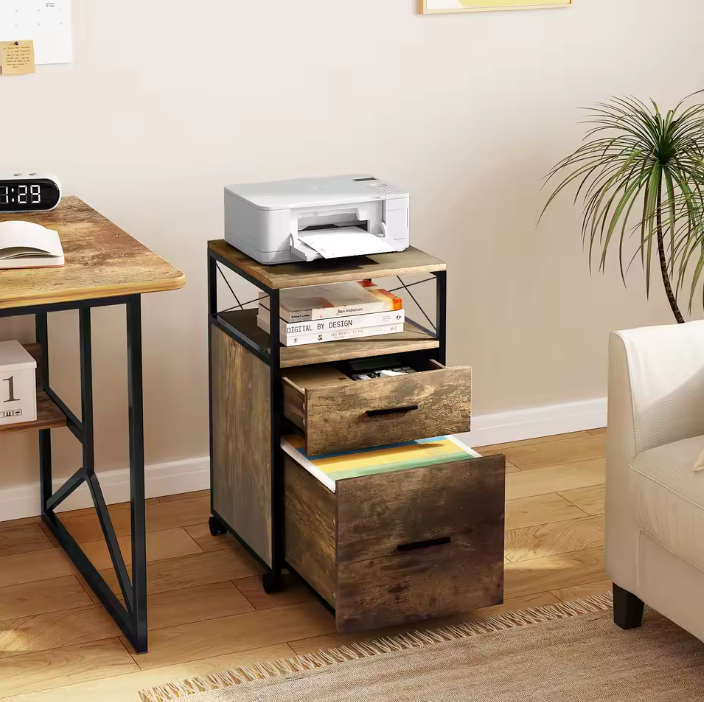 Verrijdbare Dossierkast met 2 Lades – 69 cm, Licht Eiken en Metaal