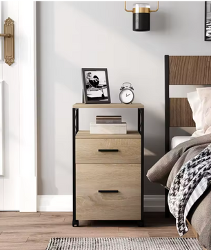 Verrijdbare Dossierkast met 2 Lades – 69 cm, Licht Eiken en Metaal