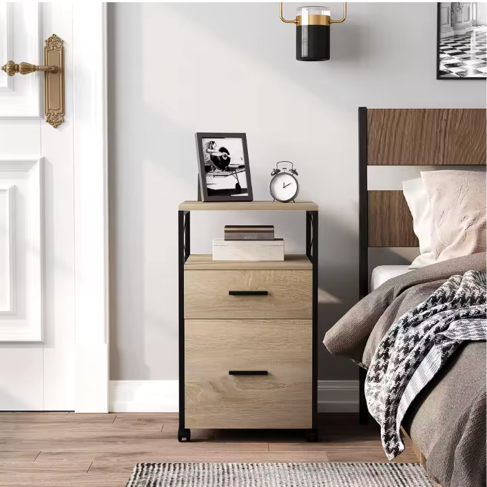 Verrijdbare Dossierkast met 2 Lades – 69 cm, Licht Eiken en Metaal