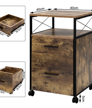 Verrijdbare Dossierkast met 2 Lades – 69 cm, Licht Eiken en Metaal