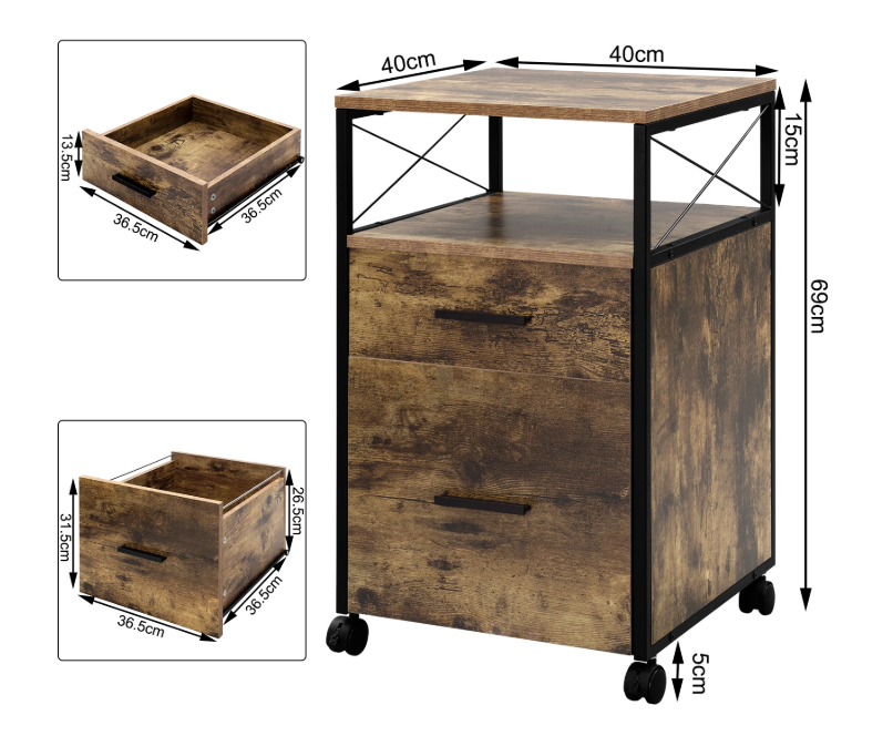 Verrijdbare Dossierkast met 2 Lades – 69 cm, Licht Eiken en Metaal
