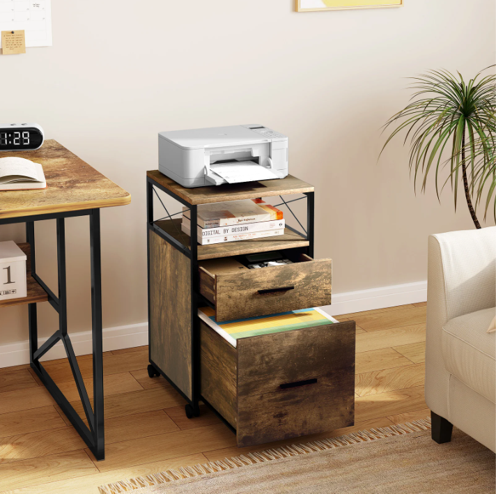 Verrijdbare Dossierkast met 2 Lades – 69 cm, Licht Eiken en Metaal