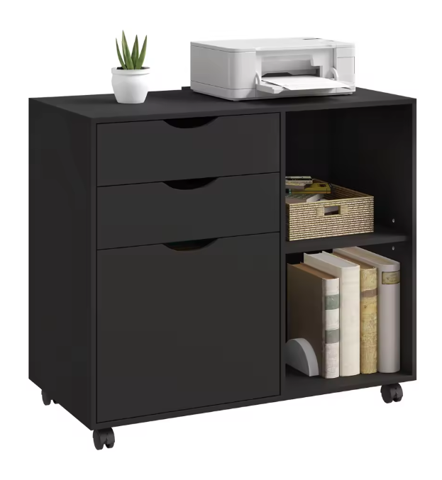 Verrijdbare Houten Archiefkast met 3 Lades – Hangmappen en Open Vakken, 80x69,5x39,5 cm