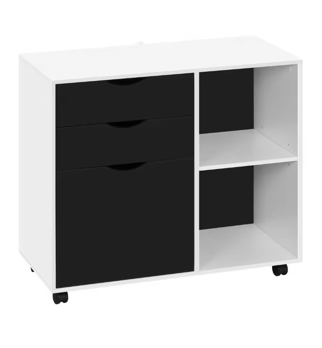 Verrijdbare Houten Archiefkast met 3 Lades – Hangmappen en Open Vakken, 80x69,5x39,5 cm