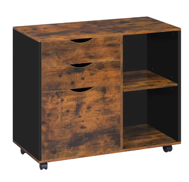 Verrijdbare Houten Archiefkast met 3 Lades – Hangmappen en Open Vakken, 80x69,5x39,5 cm