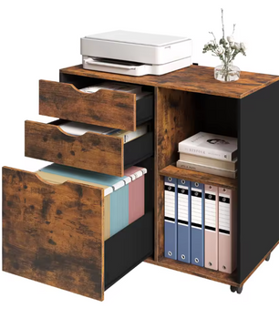 Verrijdbare Houten Archiefkast met 3 Lades – Hangmappen en Open Vakken, 80x69,5x39,5 cm