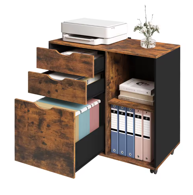 Verrijdbare Houten Archiefkast met 3 Lades – Hangmappen en Open Vakken, 80x69,5x39,5 cm