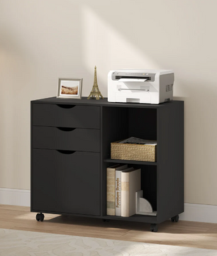 Verrijdbare Houten Archiefkast met 3 Lades – Hangmappen en Open Vakken, 80x69,5x39,5 cm