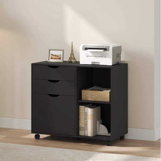 Verrijdbare Houten Archiefkast met 3 Lades – Hangmappen en Open Vakken, 80x69,5x39,5 cm