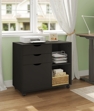 Verrijdbare Houten Archiefkast met 3 Lades – Hangmappen en Open Vakken, 80x69,5x39,5 cm