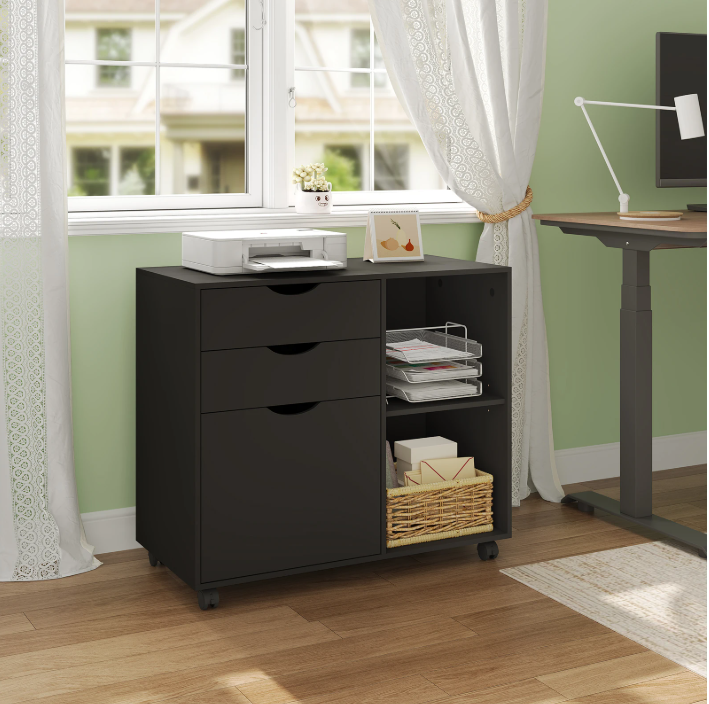 Verrijdbare Houten Archiefkast met 3 Lades – Hangmappen en Open Vakken, 80x69,5x39,5 cm