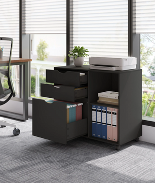 Verrijdbare Houten Archiefkast met 3 Lades – Hangmappen en Open Vakken, 80x69,5x39,5 cm