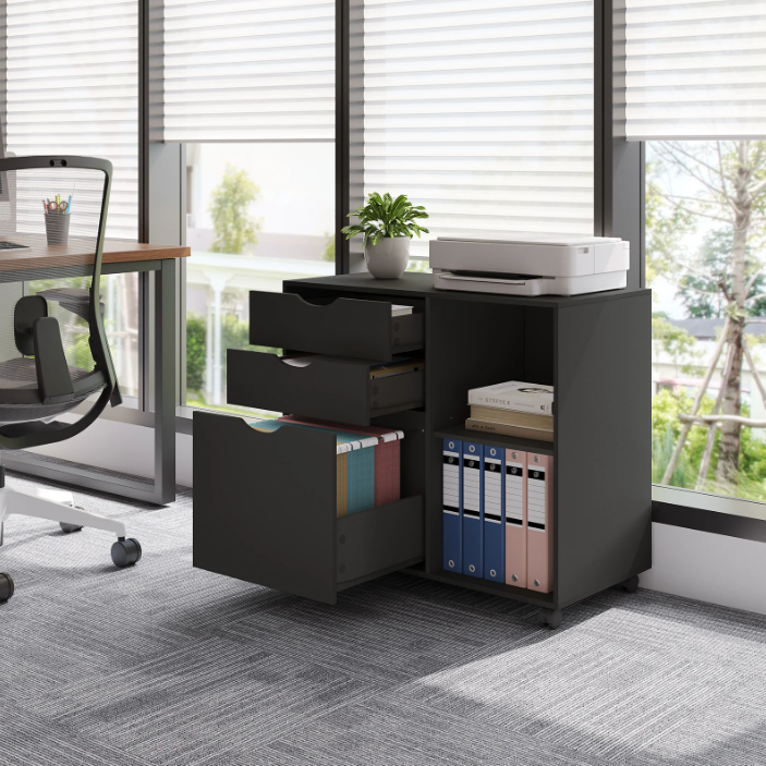 Verrijdbare Houten Archiefkast met 3 Lades – Hangmappen en Open Vakken, 80x69,5x39,5 cm